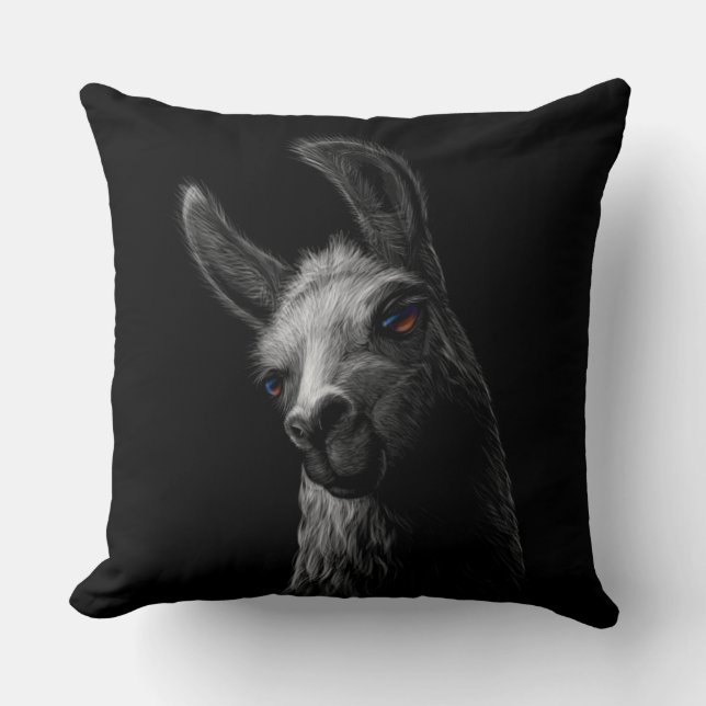 Almofada Cabeça de Retrato Llama Fofo com Fundo Preto (Frente)