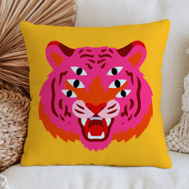 Almofada Cabeça de Tigre Rugindo Funky em Amarelo Maximalis