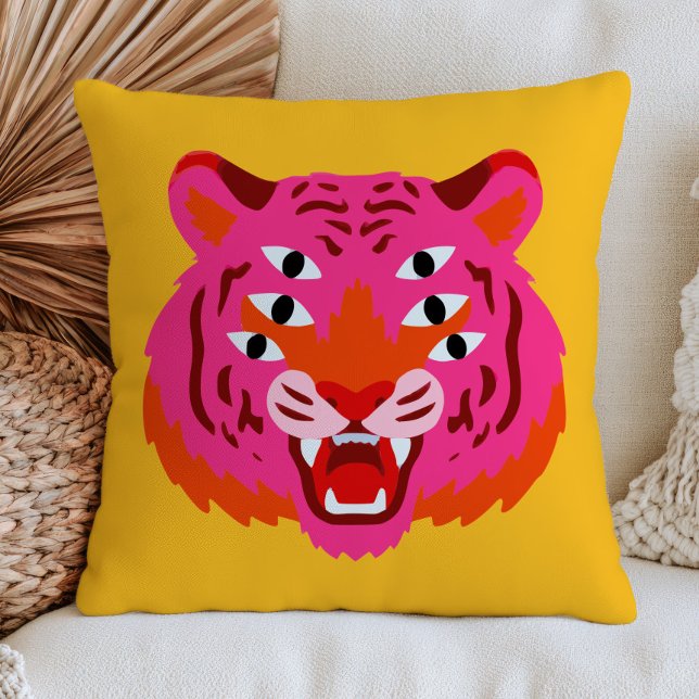 Almofada Cabeça de Tigre Rugindo Funky em Amarelo Maximalis (Criador carregado)