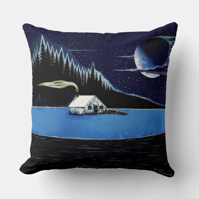Almofada "Cabina perto do lago" Travesseiro decorativo. (Frente)
