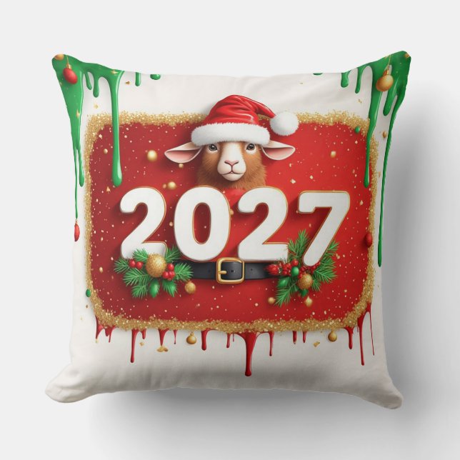 Almofada Cabrito de Natal com Coroa de Sempre-Verde (Frente)