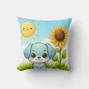 Almofada Cachorrinho Adorável com Girassol e Sol Sorridente