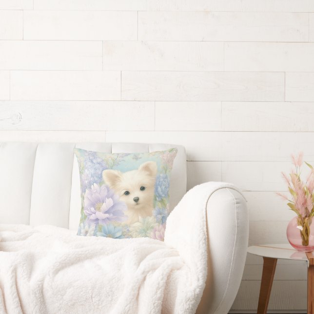 Almofada cachorrinho branco fofo com flores (Sofá)