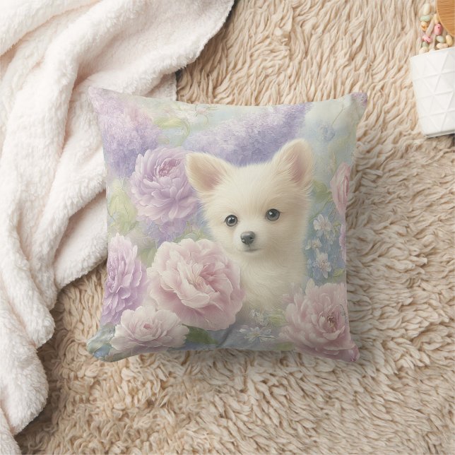 Almofada cachorrinho branco fofo com flores (Cobertor)