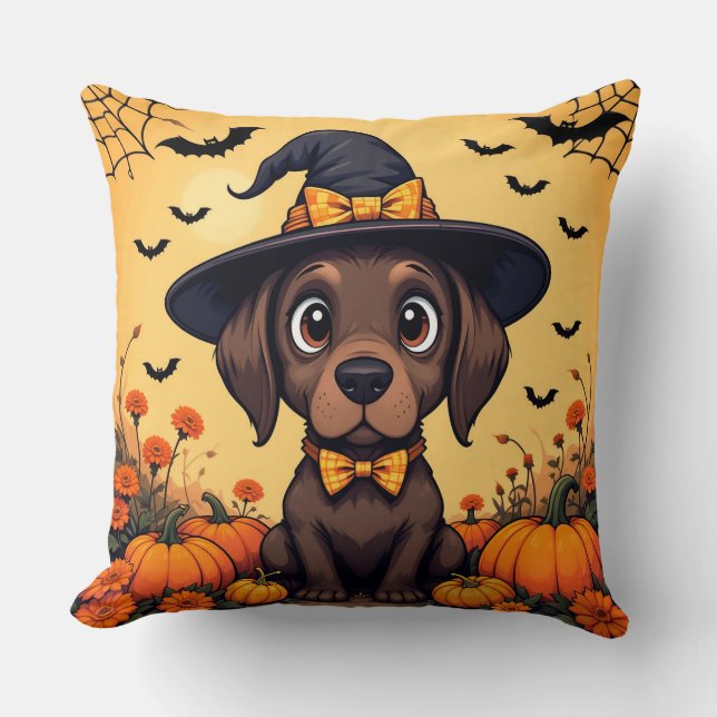 Almofada 🧙‍♀️🐾 Cachorrinho de Bruxa Fofa Halloween Assust (Frente)