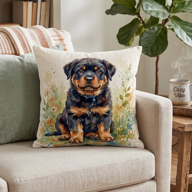 Almofada Cachorrinho Rottweiler Fofo em Aquarela (Criador carregado)