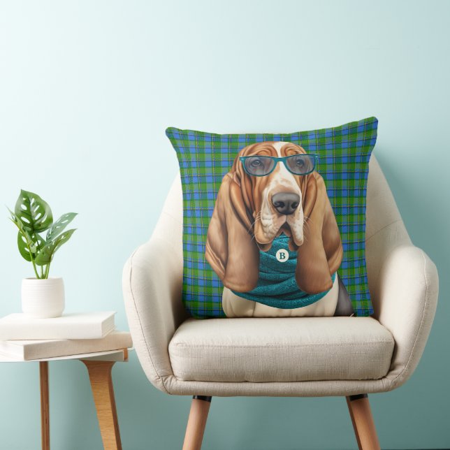 Almofada Cachorro Basset Hound com um Cachecol Azul Monogra (Cadeira)