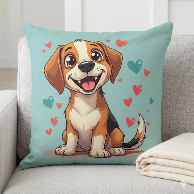 Almofada Cachorro Beagle Kawaii Fofo com Corações Cachorro  (Cute Kawaii Beagle with Hearts Playful Dog Throw Pillow Mockup A)