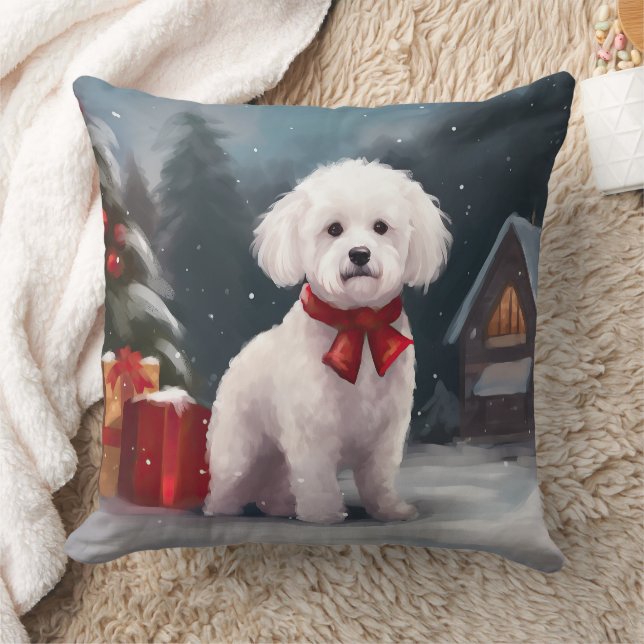 Almofada Cachorro Bichon Frise na neve Natal  (Cobertor)