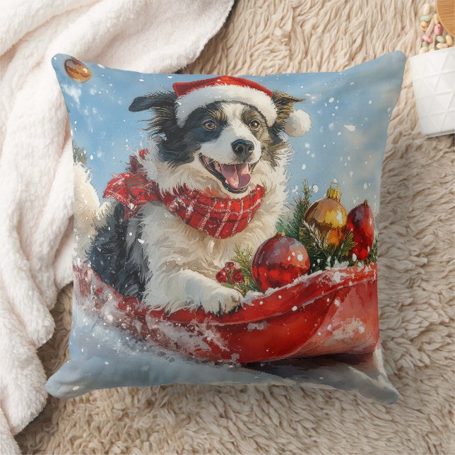 Almofada Cachorro Border Collie em Trenó Deixe Nevar Natal  (Cobertor)