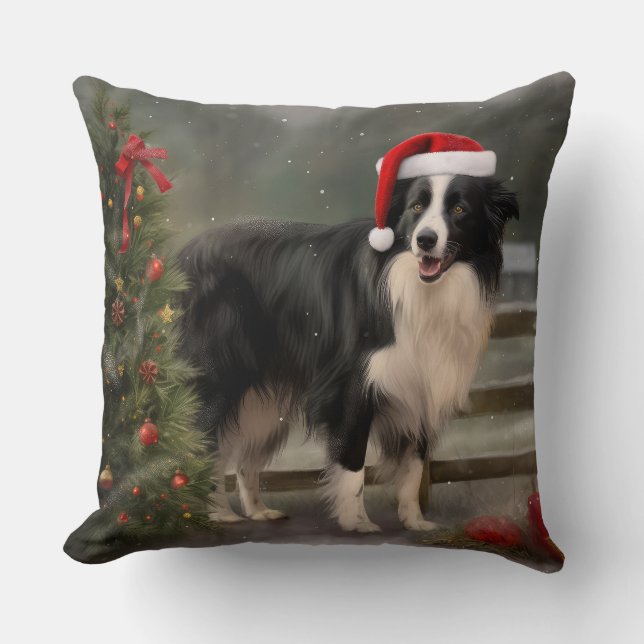 Almofada Cachorro Border Collie na Neve Natal (Frente)