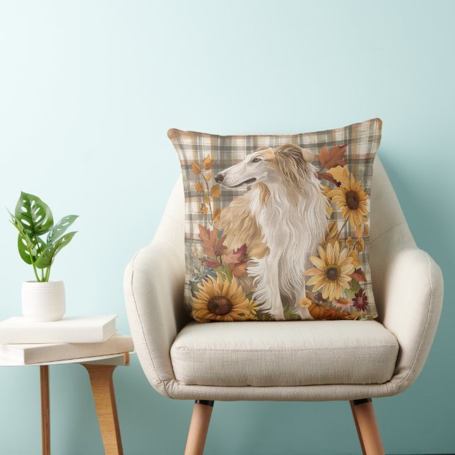 Almofada Cachorro Borzoi Outono Flores Aquarela (Cadeira)