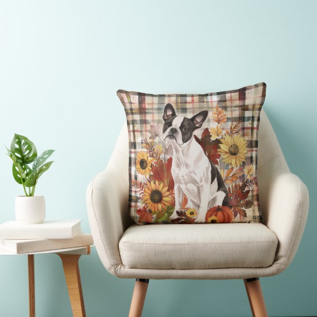 Almofada Cachorro Boston Terrier Outono Flores Aquarela (Cadeira)