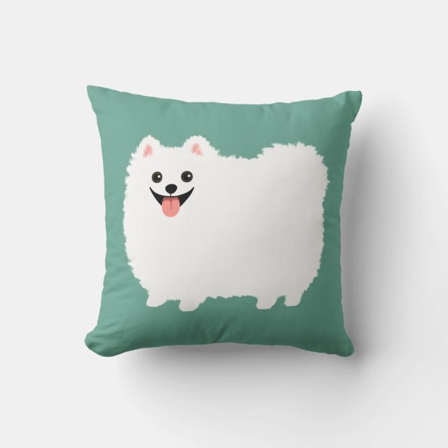Almofada Cachorro Branca Sorridente Feliz Pomerano Fluffy (Frente)