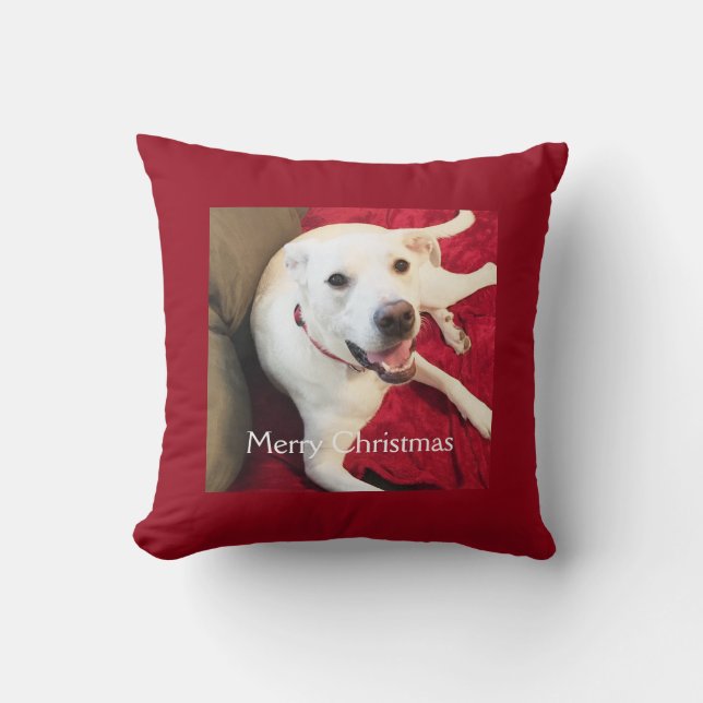 Almofada Cachorro Branco Bonito Sorrindo Vermelho Natal (Frente)