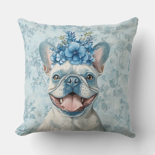 Almofada Cachorro Buldogue Francês Lover Blue Floral (Frente)