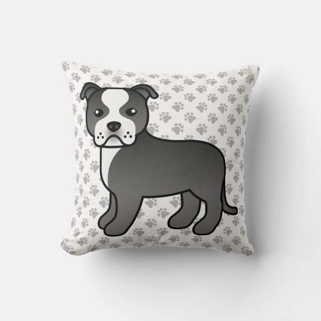 Almofada Cachorro Cartoon Staffie Preto E Branco Fofo & Pat (Frente)