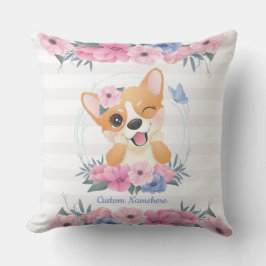 Almofada Cachorro Corgi Fofo Coroa de Flores Borboleta Azul