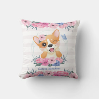 Almofada Cachorro Corgi Fofo Coroa de Flores Borboleta Azul
