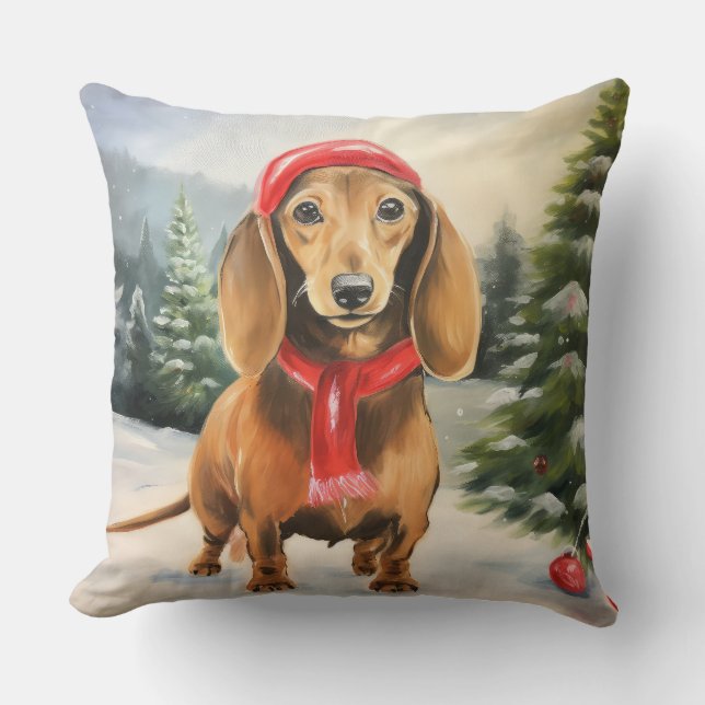 Almofada Cachorro Dachshund na Neve Natal (Frente)