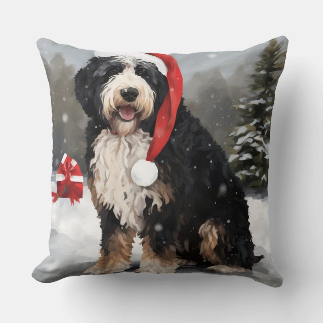 Almofada Cachorro de Bernedoodle no Natal da Neve (Frente)
