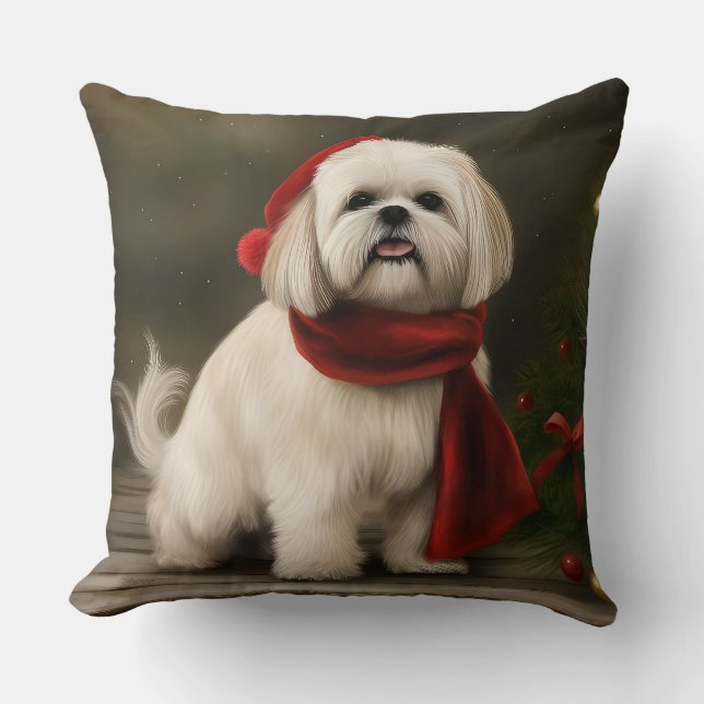 Almofada Cachorro de Lhasa Apso no Natal da Neve (Frente)