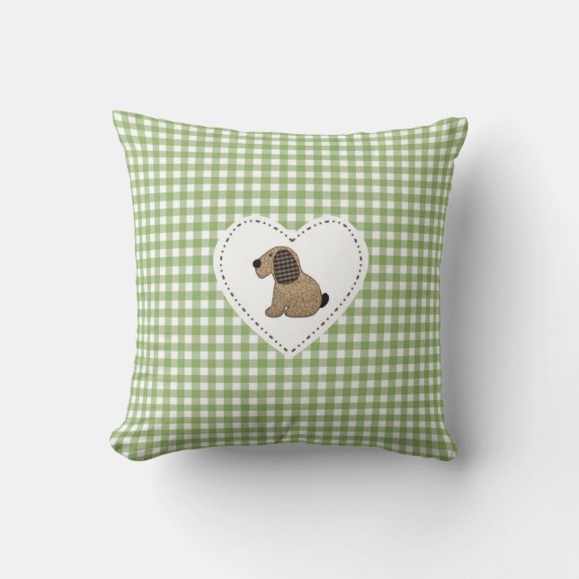 Almofada Cachorro de Patches Gingham Verde do Estilo do Paí (Frente)