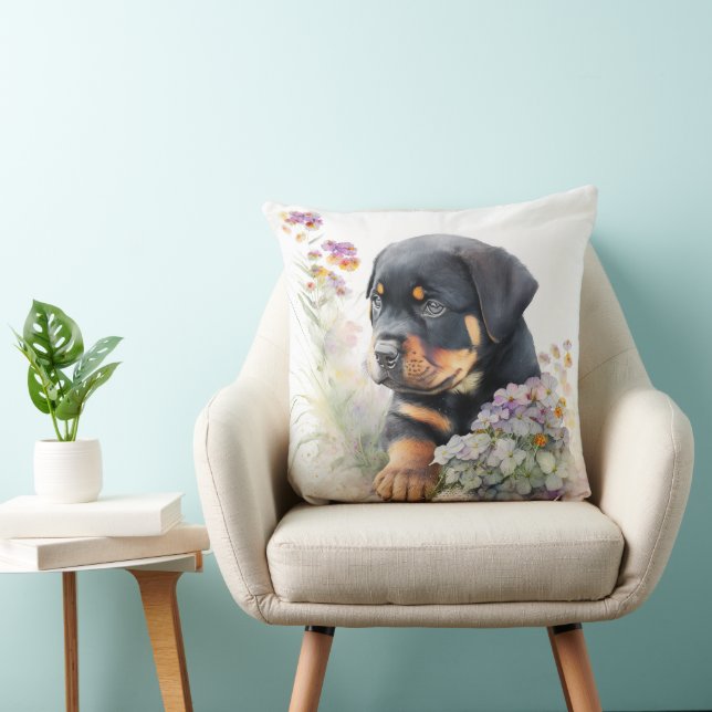 ALMOFADA CACHORRO DE ROTTWEILER COM FLORES DE SELAS (Cadeira)
