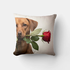 Almofada cachorro do dia dos namorados segurando retrato de