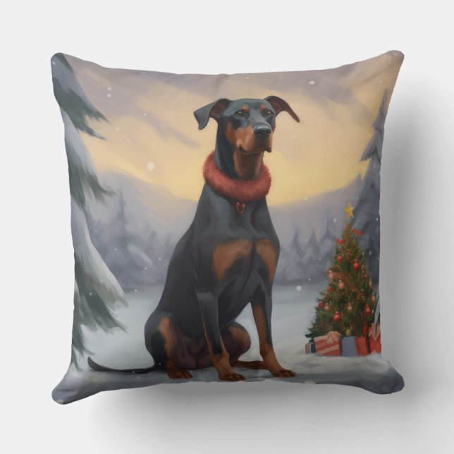 Almofada Cachorro Doberman no Natal da Neve (Verso)