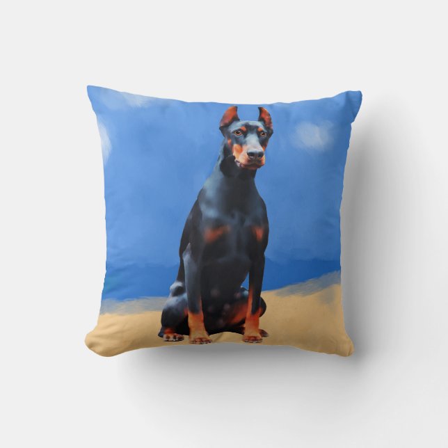 Almofada Cachorro Doberman Sentado Na Praia (Frente)