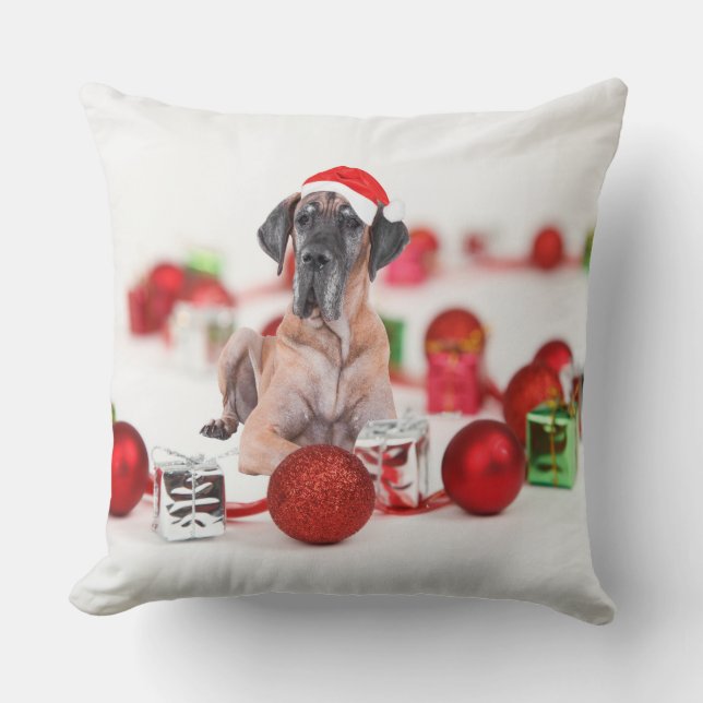 Almofada Cachorro Dogue Alemão Fofo com Chapéu de Natal do  (Frente)