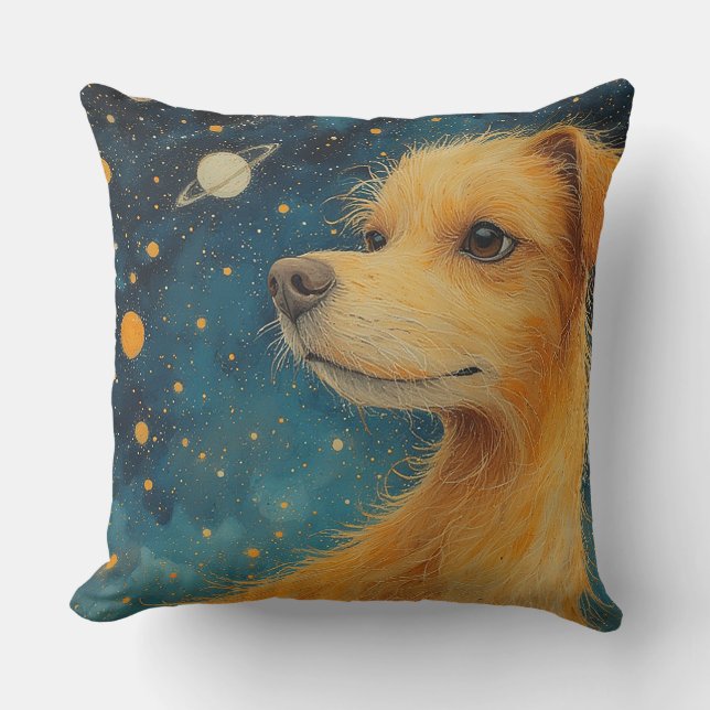 Almofada Cachorro Dourado Olha para o Céu Estrelado (Frente)