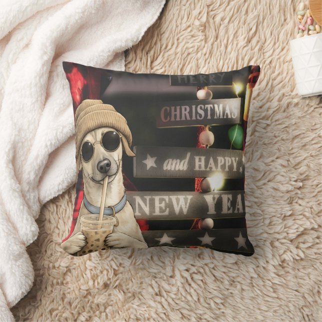 Almofada Cachorro engraçado de Natal bebendo chá de bolhas (Cobertor)