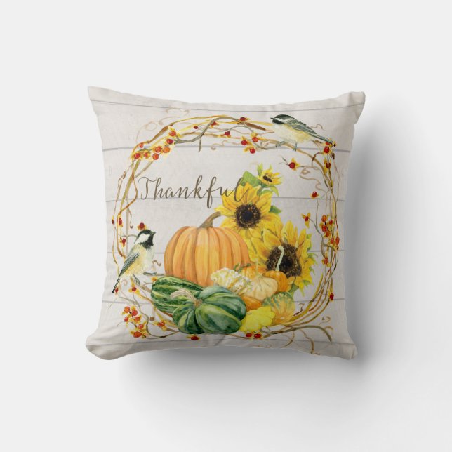 Almofada Cachorro Floral Sunflower Pumpkins em Aves Aquarel (Frente)