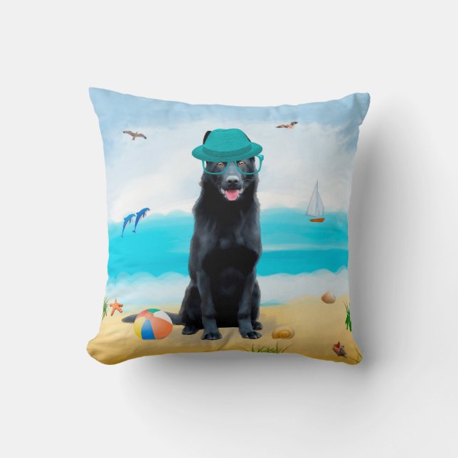 Almofada Cachorro German shepherd Negro na praia (Frente)