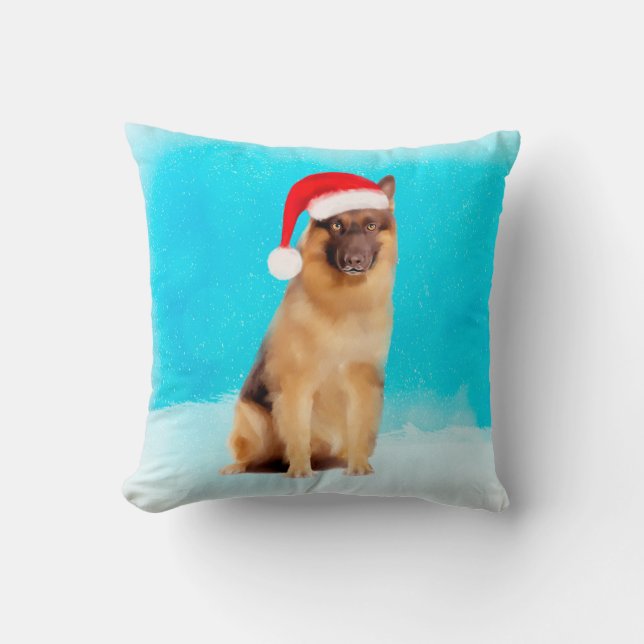Almofada Cachorro german shepherd Sentado Em Neve Santa Hat (Frente)