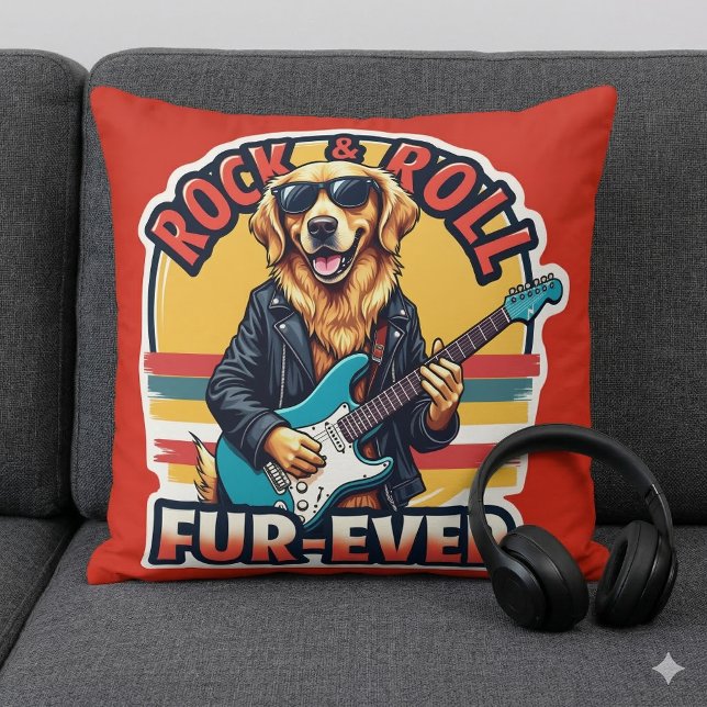 Almofada Cachorro para o Ouro de Rock e Roll (Rock and Roll Fur-Ever Golden Retriever Dog Throw Pillow On Sofa)