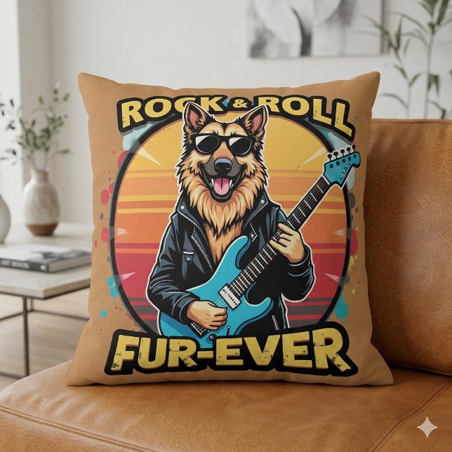 Almofada Cachorro Pastor Alemão Rock and Roll Arte retrô de (Rock and Roll German Shepherd Retro Sunset Art Throw Pillow Mockup A)