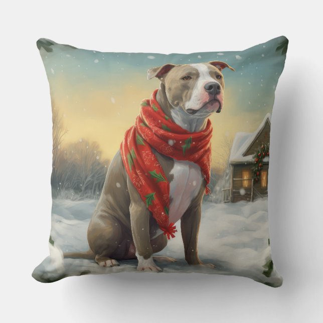 Almofada Cachorro Pitbulento no Natal da Neve (Frente)