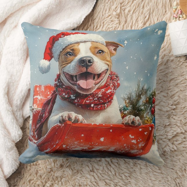 Almofada Cachorro Pitbull no Trenó Deixe Nevar Natal (Cobertor)