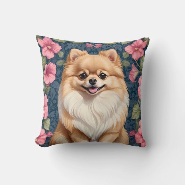 Almofada Cachorro Pomerano Cachorro Com Petunias Rosa (Frente)