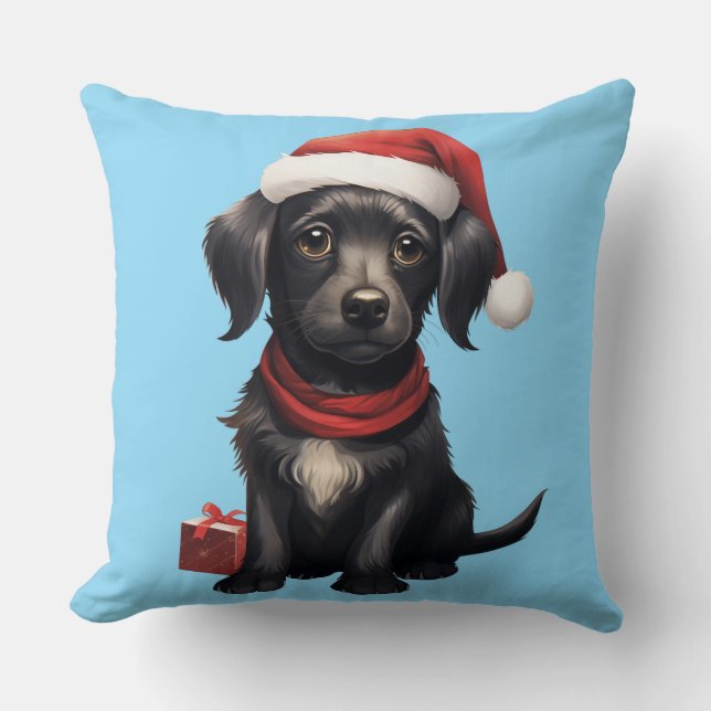 Almofada Cachorro Preto Fofo no Natal (Frente)