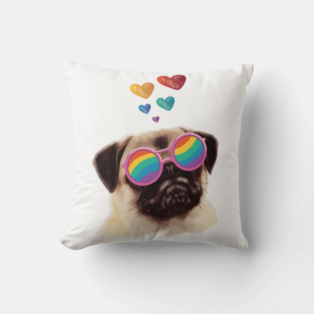 Almofada Cachorro Pug com Corações Dia dos Namorados (Frente)