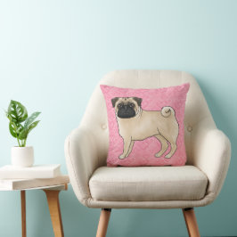 Almofada Cachorro Pug Fawn Desenho Animado Padrão de Coraçã