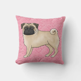 Almofada Cachorro Pug Fawn Desenho Animado Padrão de Coraçã