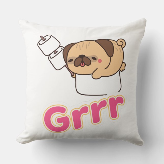 Almofada Cachorro Pug Kawaii Fofo com Marshmallows Grrr (Frente)