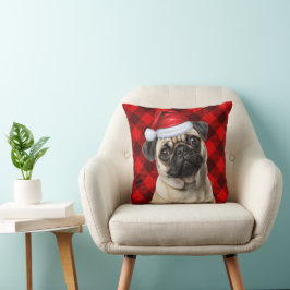 Almofada Cachorro Pug Vermelho Xadrez de Búfalo Natal Feria