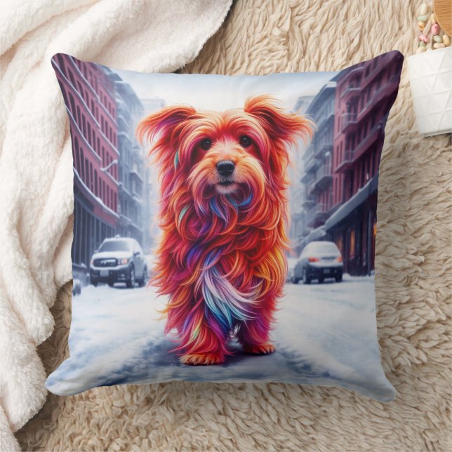 Almofada Cachorro vermelho descendo a rua de inverno de nev (Cobertor)