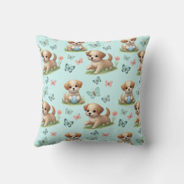 Almofada Cachorros e Borboletas Caprichosos em Aquarela Azu